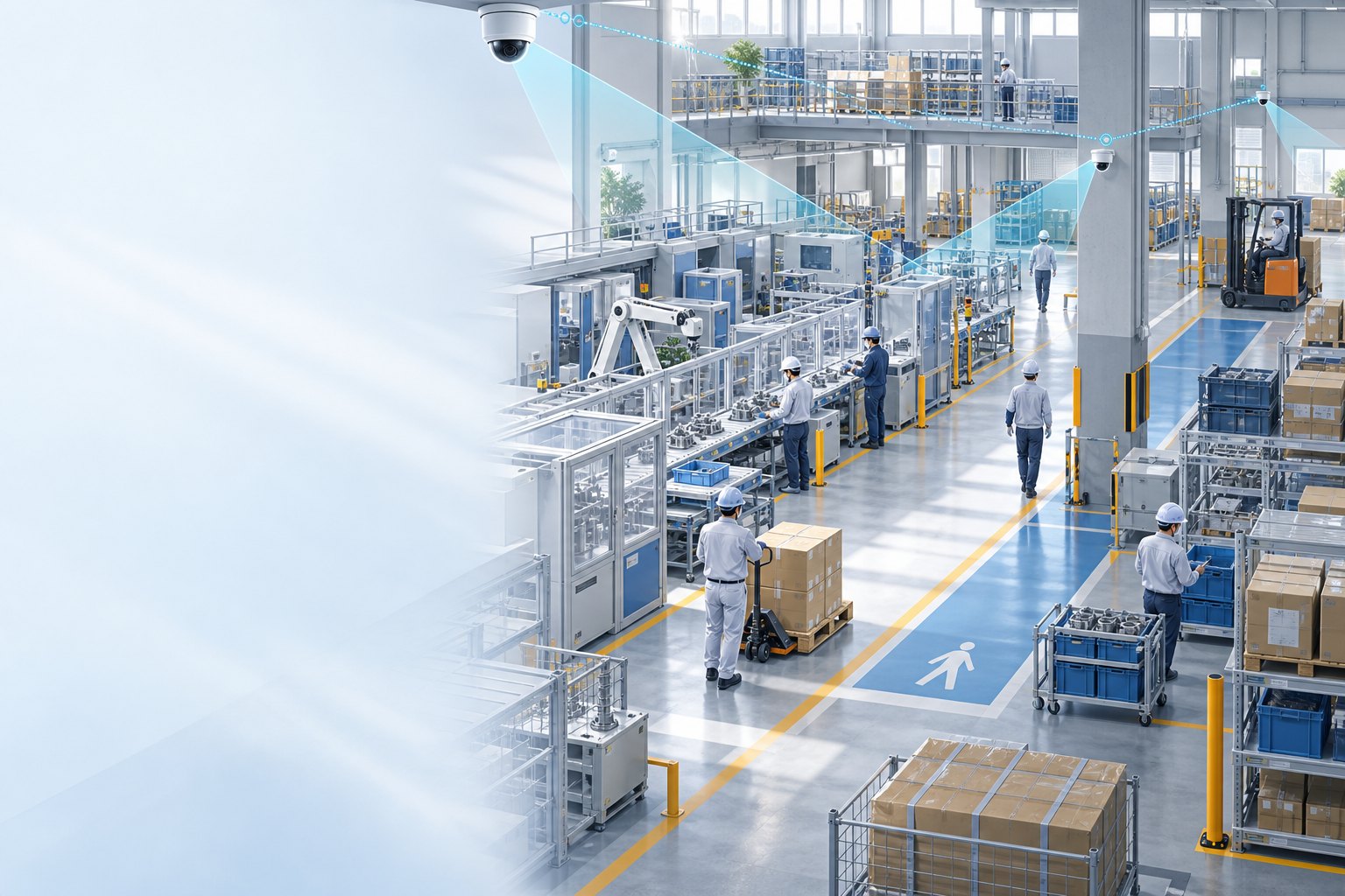 工場内の複数のカメラで製造工程を記録するイメージ